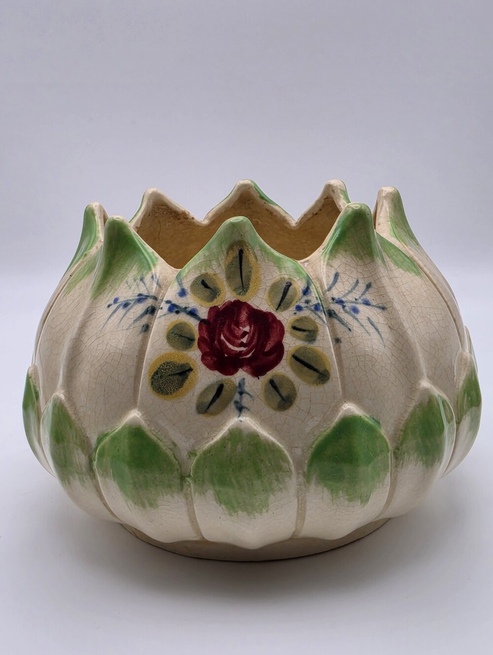 Vintage Mid-Century Japanese Majolica-Style Ceramic Lotus Flower Planter